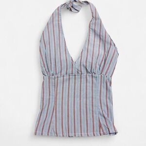 Upcycled Y2K Halter Top XS S Smocked Back Tie Neck Cottagecore Summer